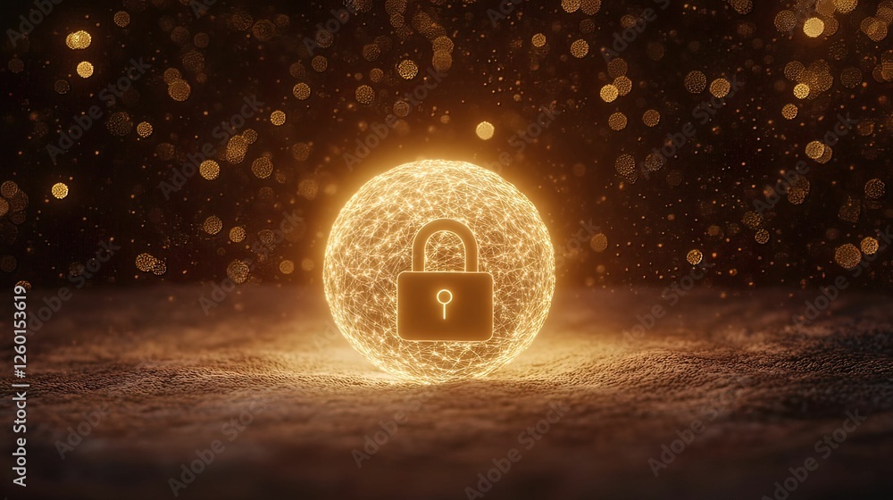 Poster a glowing orb with a padlock symbolizes security and protection, surrounded by shimmering particles,