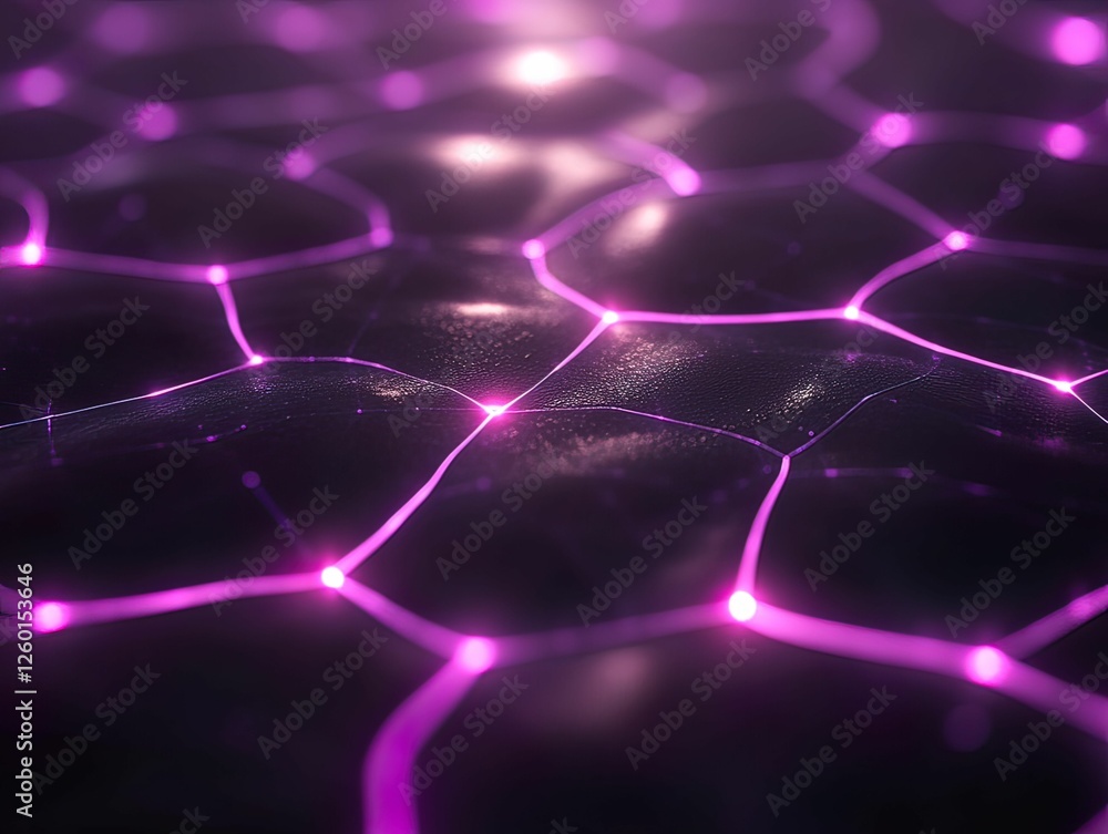 Poster a futuristic, abstract pattern featuring glowing hexagonal shapes interconnected with bright purple 