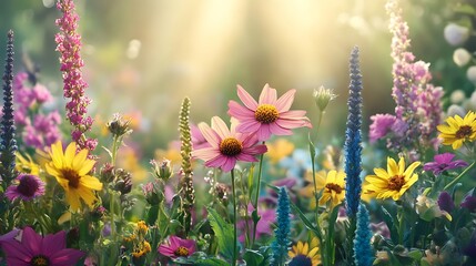 Obraz premium Sunlit wildflowers in garden; summer bloom background