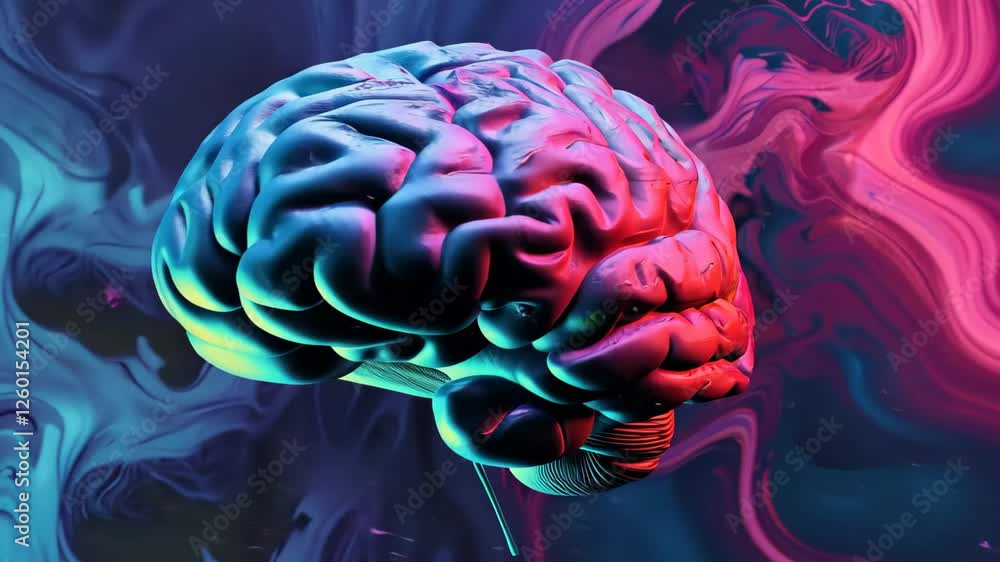 Poster a uniquely colorful human brain is presented in a vivid abstract setting, illustrating the intersect