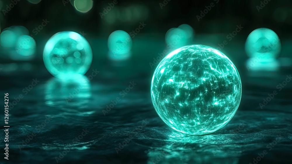 Poster a glowing, ethereal scene featuring luminous spheres floating above a reflective surface, creating a