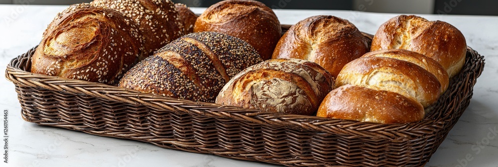 Poster a collection of various mixed bread loaves artfully arranged in a basket, emphasizing their unique c