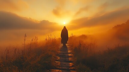 jesus man walking in a field at sunrise