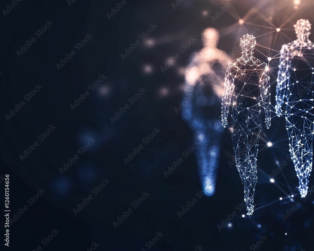 Poster abstract digital figures representing human forms, created with interconnected lines and dots, set a