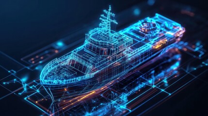 Fototapeta premium Digital Ship Design: Futuristic Vessel Blueprint in Neon Blue and Orange Hues