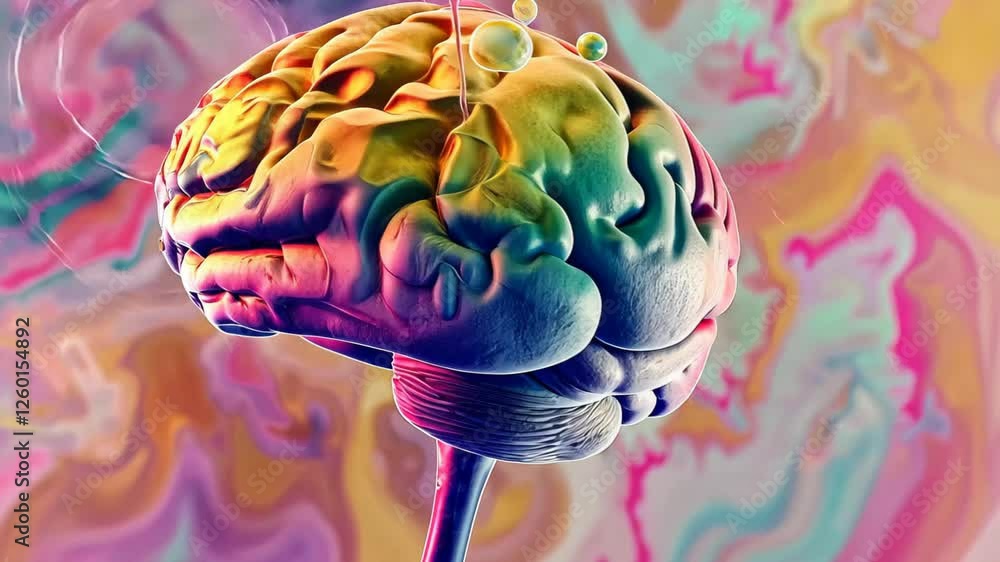 Poster a vivid and artistic rendering of a human brain blends with an array of colorful abstract patterns, 
