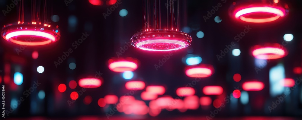 Poster a mesmerizing display of red illuminated rings floating in a dark environment, creating a futuristic
