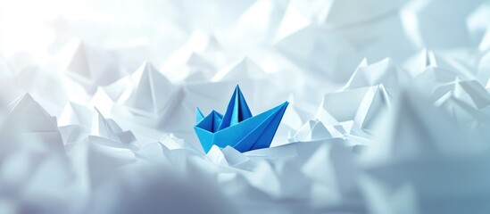 Blue paper ship symbolizing leadership navigating through a sea of white paper waves on a bright background, representing guidance and vision.