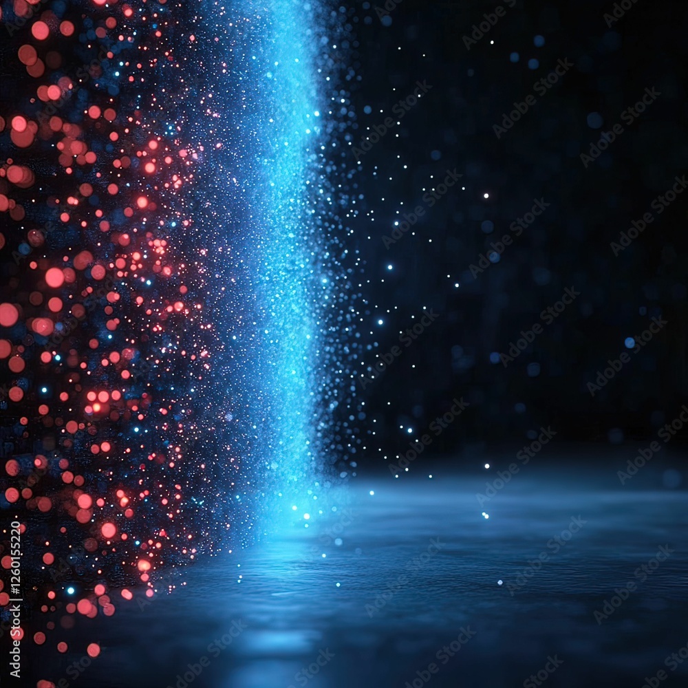 Poster a vibrant, abstract scene featuring blue and red particles blending into a dark background, creating