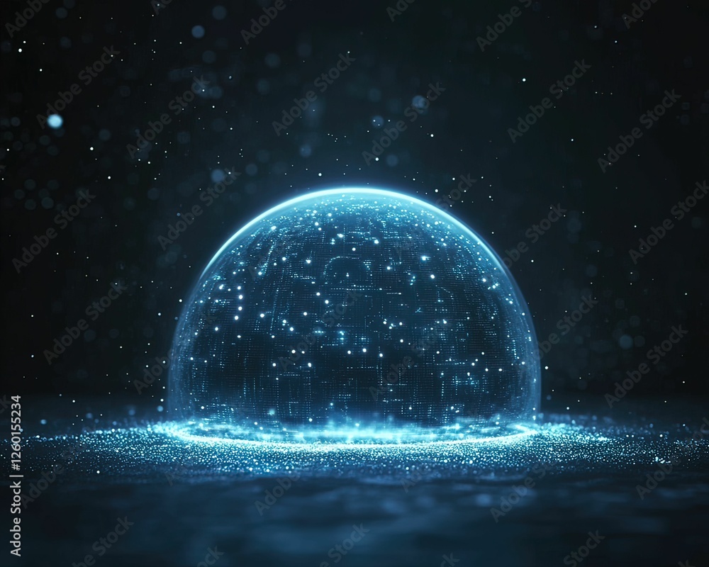 Poster a glowing blue sphere surrounded by sparkling particles in a dark environment, creating a mystical a