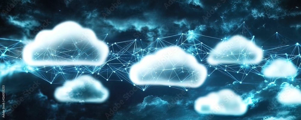 Poster ethereal clouds connected by glowing networks, representing digital technology and data exchange in 