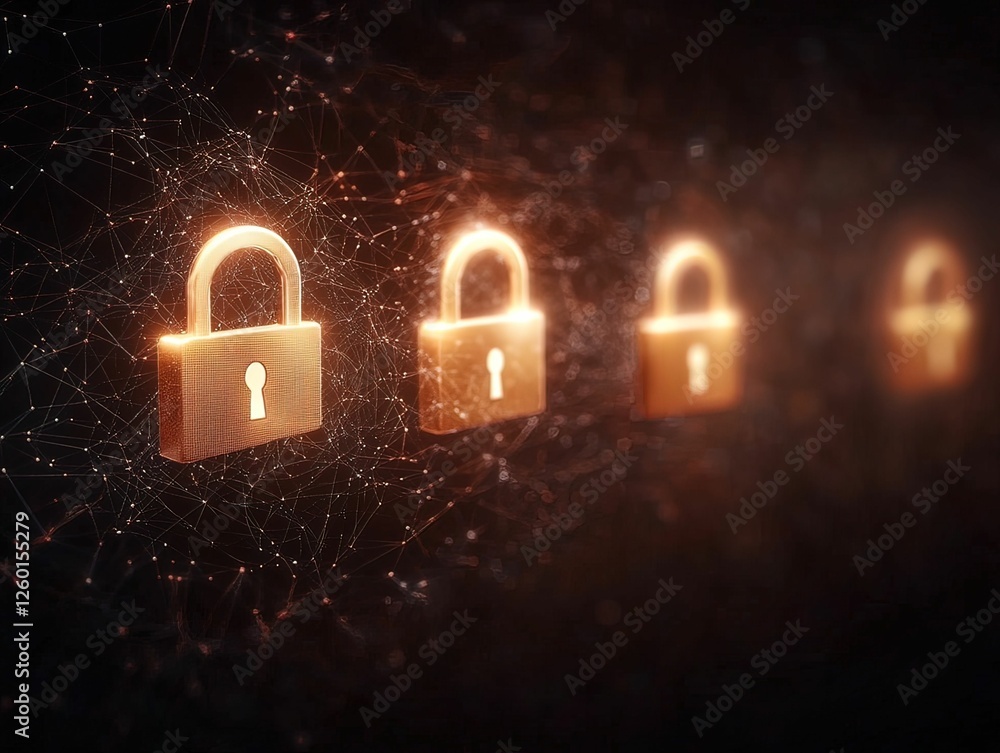 Poster a digital representation of glowing padlocks, symbolizing security and protection in a technology-dr