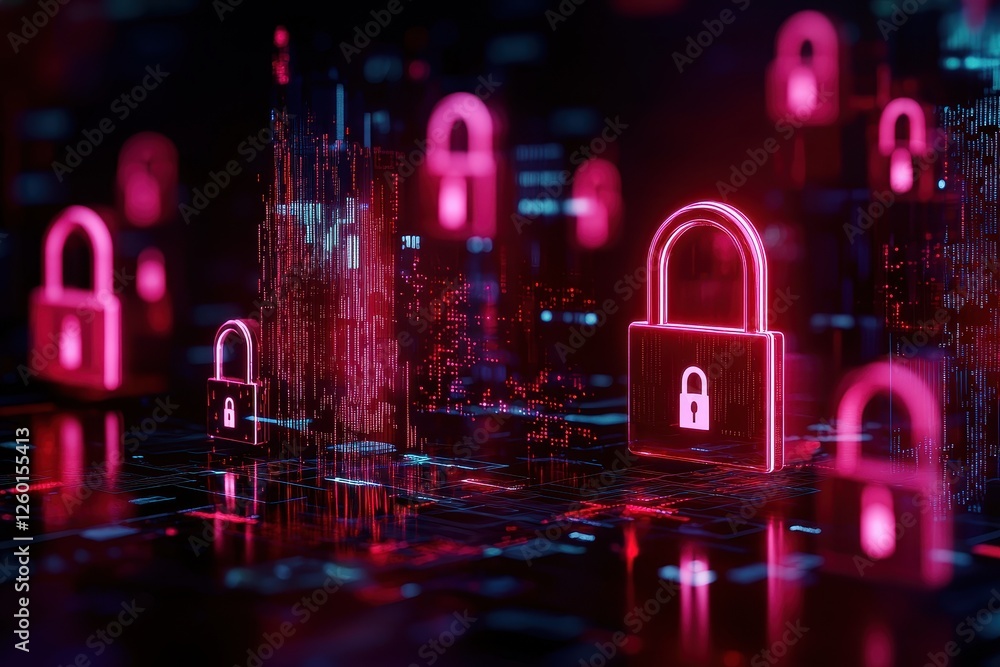 Poster a futuristic digital landscape featuring glowing pink locks, symbolizing cybersecurity and data prot
