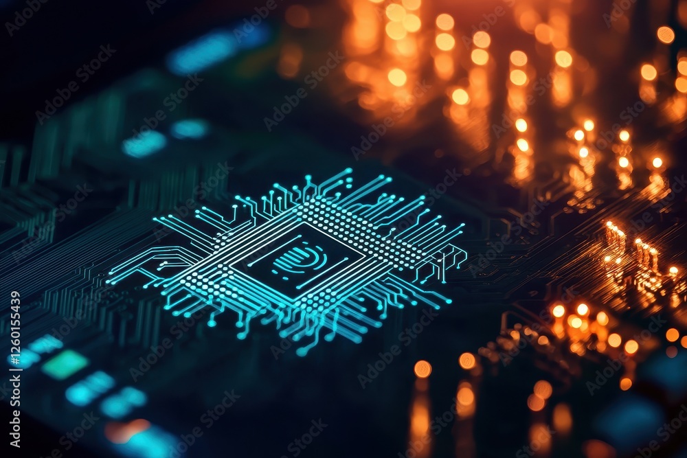 Poster a close-up view of a microchip illuminated by glowing circuits, showcasing intricate designs and tec