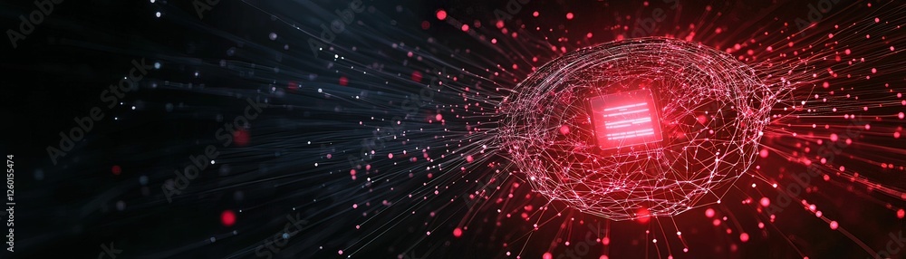 Poster a digital concept image featuring a bright red square at the center, surrounded by swirling particle