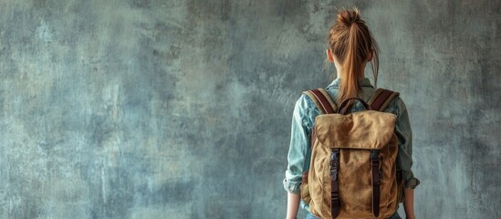 Child with brown backpack facing textured blue wall, ready for school, wearing denim shirt and hair in ponytail, back to school concept.