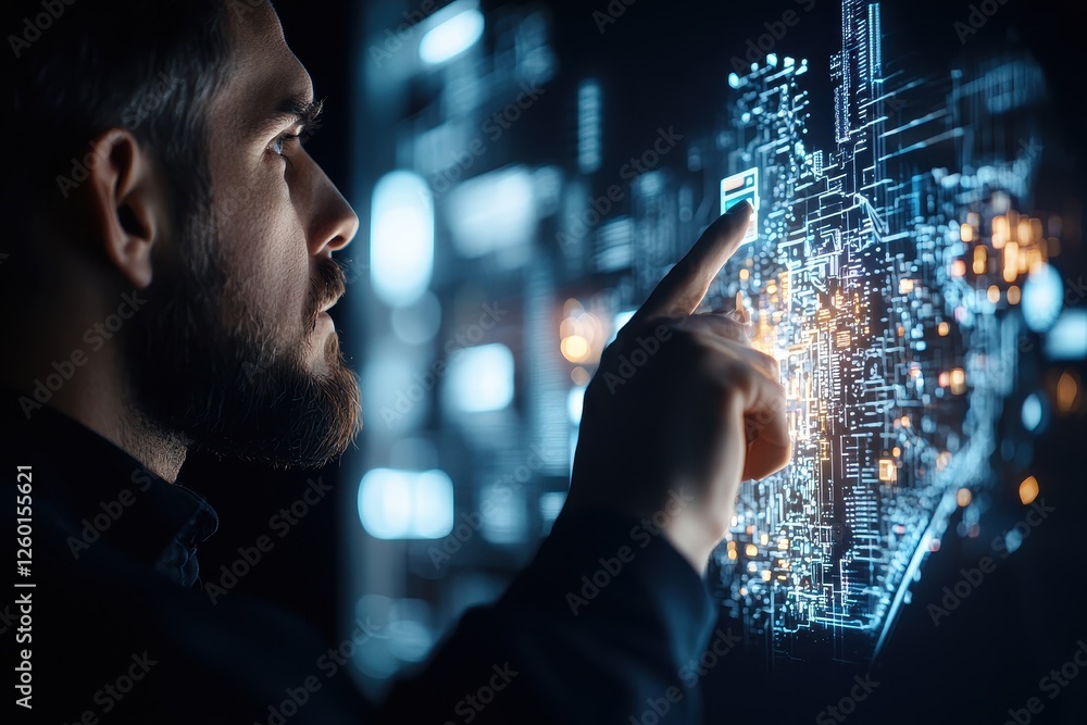 Poster a focused individual interacts with a futuristic digital interface, highlighting data and connection