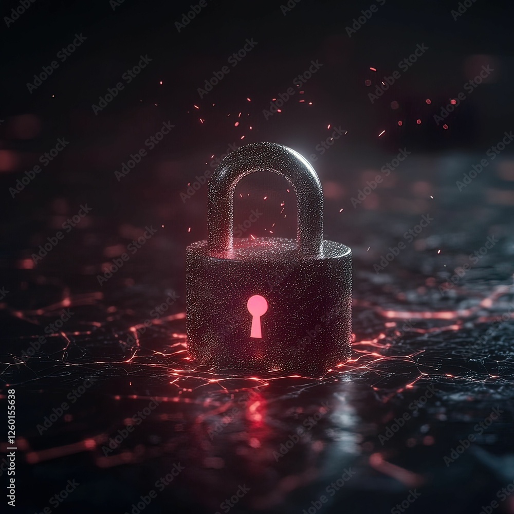 Poster a digital lock shines with a glowing keyhole, surrounded by a mysterious, shimmering backdrop, symbo