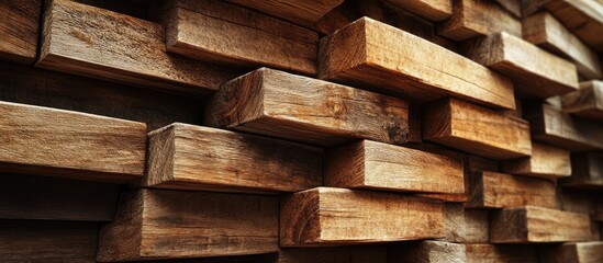 Textured arrangement of warm brown wooden planks stacked in layers creating depth and contrast against a blurred background ambiance.
