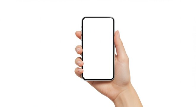 close-up hand touching smartphone screen isolated on white, mock up phone mobile blank screen easy adjustment with clipping path