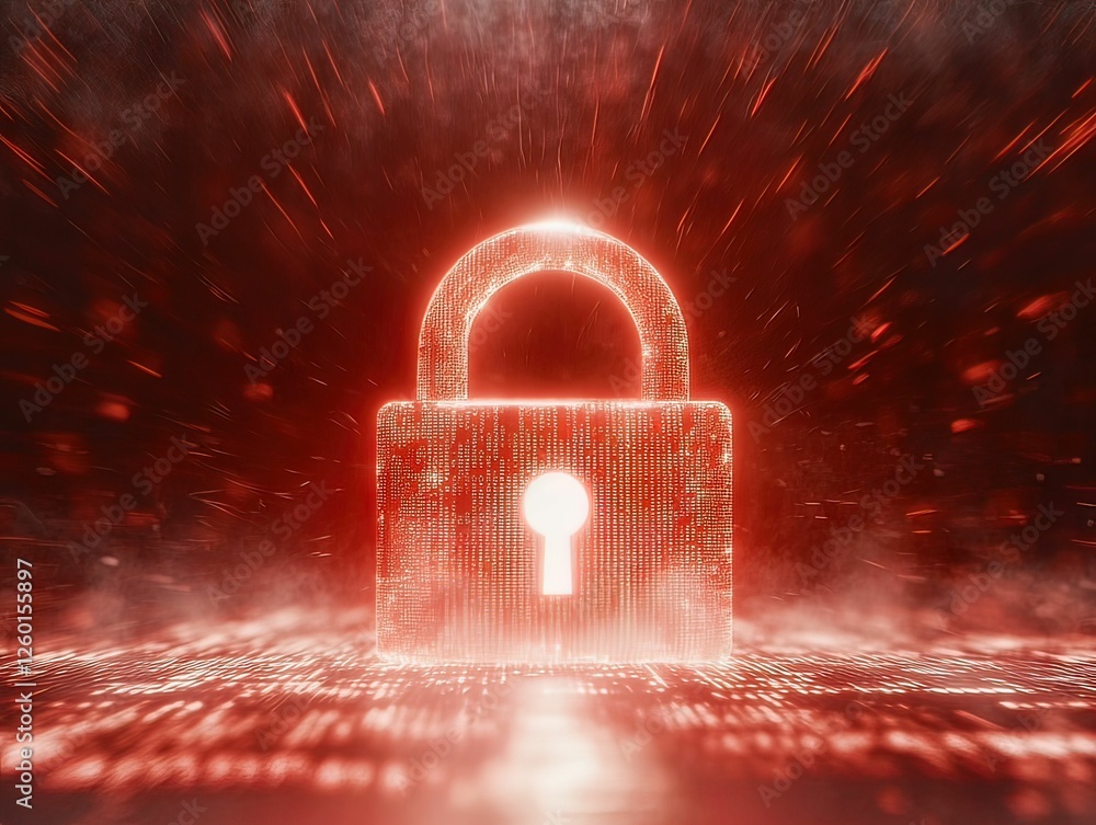 Poster a glowing red digital lock symbolizes cybersecurity and data protection in a high-tech environment.
