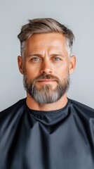 Obraz premium Serious female barber expertly trimming a man's beard with precision against a clean white background