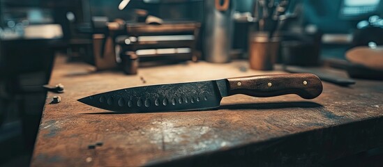 Rustic kitchen knife resting on a wooden workbench with tools and blurred background, featuring dark steel blade and brown wooden handle.