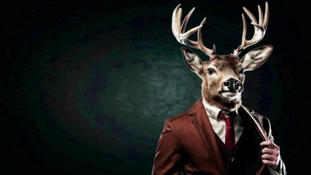 Surreal video concept with a deer-headed man in a suit. Dramatic lighting and a frontal camera angle create a mysterious, artistic style.