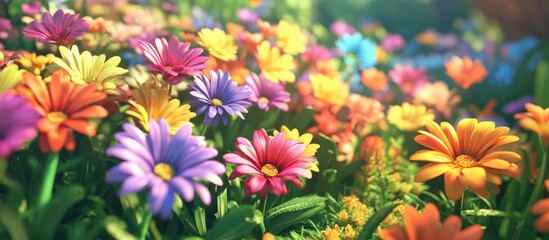 Fototapeta premium Vibrant spring flower garden with pink, purple, orange, and yellow blossoms in full bloom under bright sunlight, creating a cheerful atmosphere.