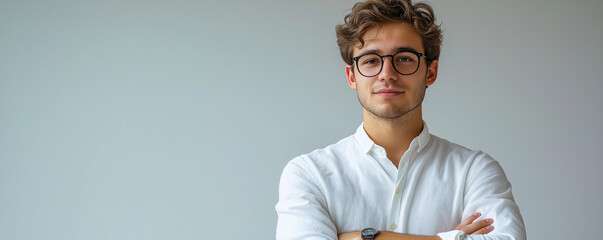 Young man in casual business attire standing with his arms folded in front of a light gray backdrop