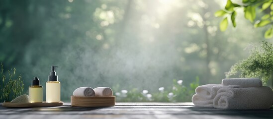 Wellness spa scene with massage tools and skincare products on wooden surface surrounded by soft green nature, warm sunlight, and gentle mist.