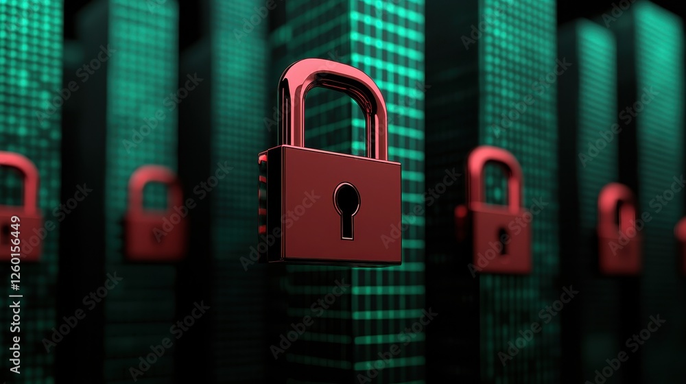Poster a red padlock hangs against a backdrop of glowing green digital columns, symbolizing data security a