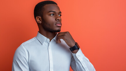 Young professional wearing a button up shirt, adjusting his sleeves, with a solid color background