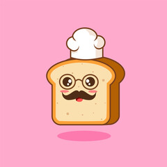 Cute Baker moustache Bread Cartoon Vector Illustration mascot