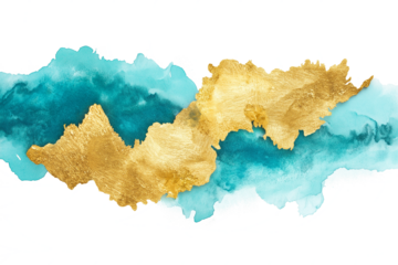 Watercolor abstract turquoise paint blending with gold isolated on transparent white background