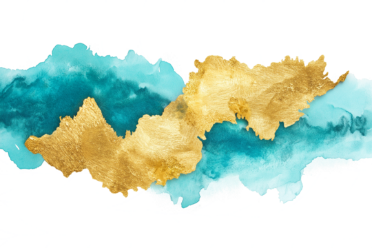 Watercolor abstract turquoise paint blending with gold isolated on transparent white background - Powered by Adobe