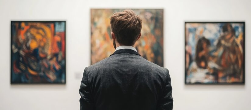 Man in a suit observing colorful abstract paintings in a contemporary art gallery, focused on the vibrant artwork on white walls.