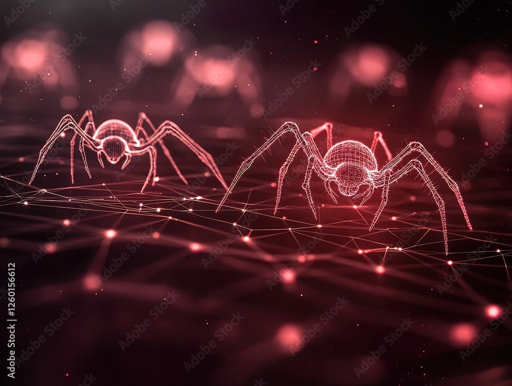 Poster a digital representation of spiders in a network, combining elements of technology and biology with 