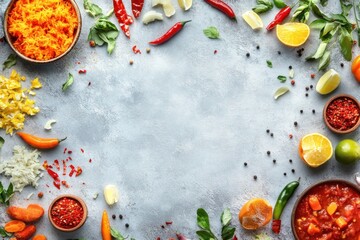 Colorful spices, herbs, and citrus fruits arranged around a central space on a gray background.