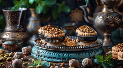 Fototapeta premium Desserts Eid al-Fitr, Eid al Adha Kahk (Eid Cookies) Arabic filled Pistachio or nut called Maamoul Cookies. Eid mubarak HD 8K wallpaper Photographic Image