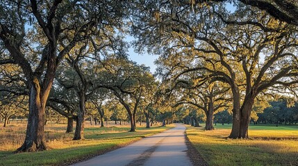 Fototapeta premium Scenic tree-lined road with massive oaks and hanging moss. Sunlight filters through branches, casting shadows on the path. Tranquil and picturesque countryside view. Generative AI