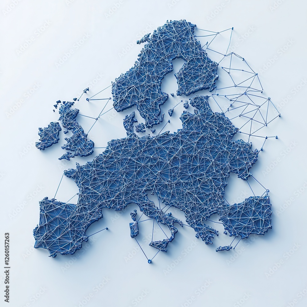 Poster a stylized map of europe composed of interconnected blue lines, symbolizing connectivity, technology