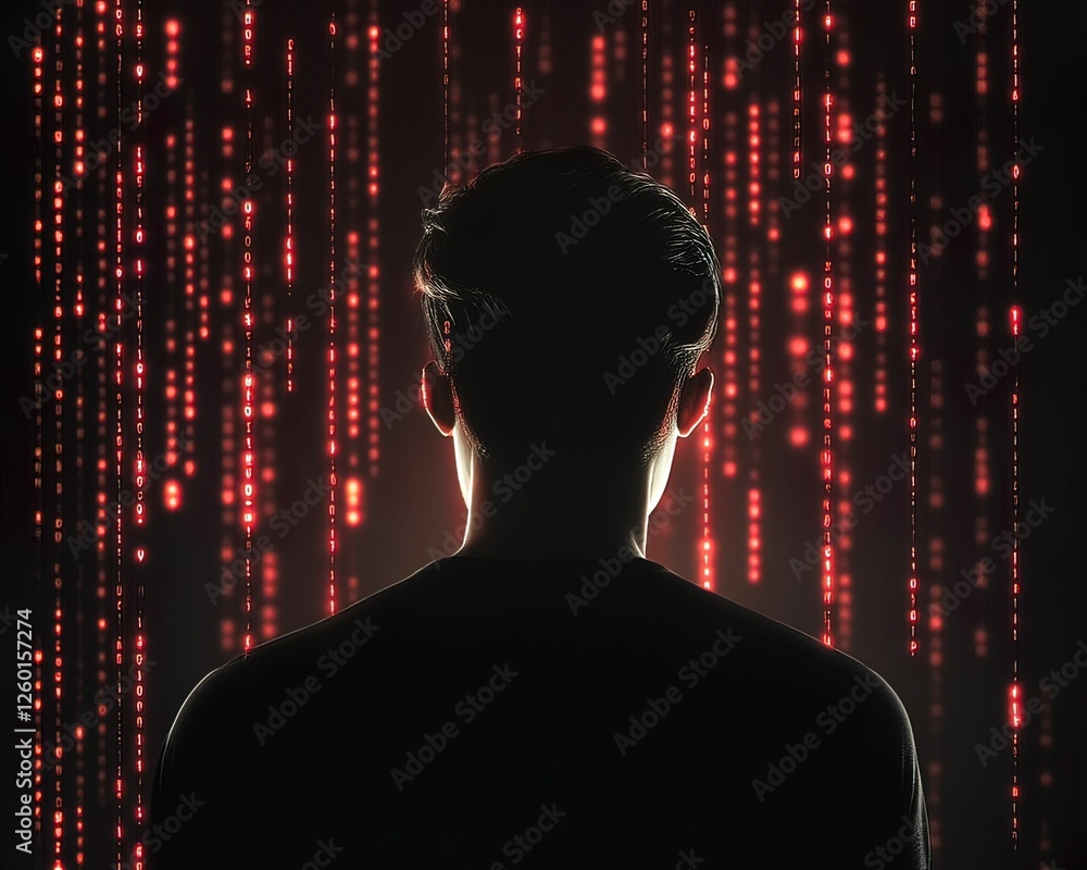 Poster a silhouette of a person gazes at cascading red digital code in a dark space, evoking themes of tech