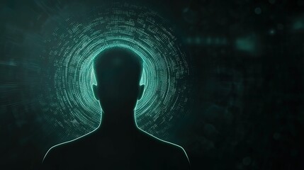 Obraz premium A glowing silhouette of a person surrounded by digital data, symbolizing the fusion of humanity and technology.