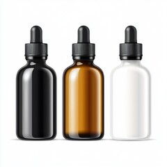 A stunning arrangement of three elegant bottles in black, white, and amber hues is showcased against a light backdrop, perfect for branding ideas or packaging concepts in modern design