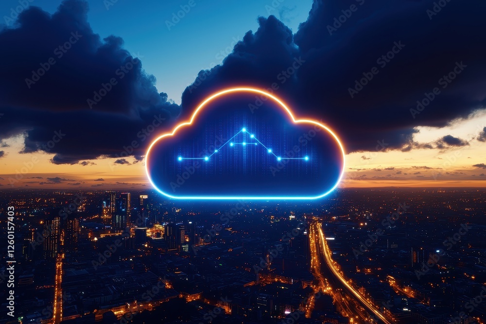 Poster a glowing cloud symbol with data lines against a sunset backdrop, representing cloud computing and d