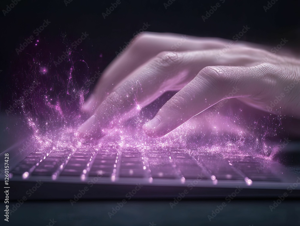 Poster a hand types on a keyboard, with vibrant purple sparkles emanating from the keys, creating a magical
