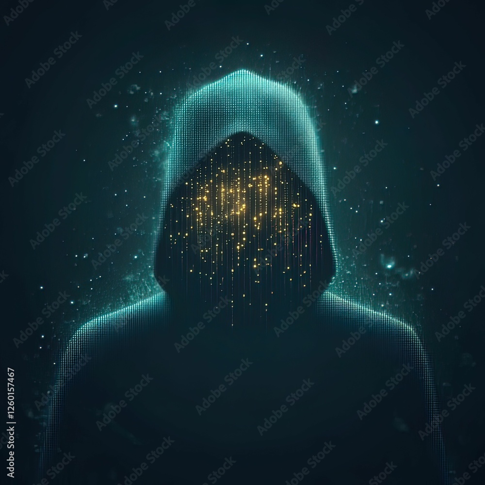 Aufkleber a mysterious figure in a hooded cloak, with a digital, glowing face made of binary code and stars, e