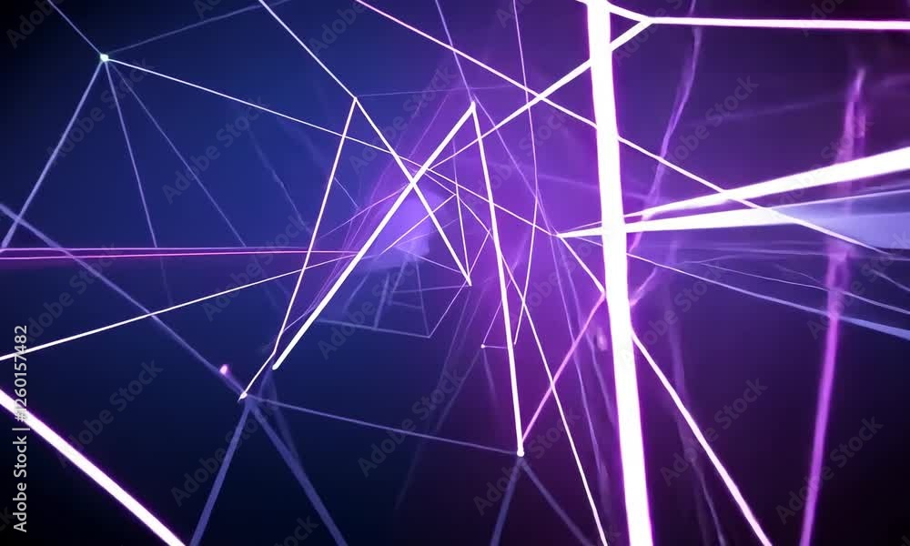 Poster laser beams form intricate geometric patterns in a darkened room, creating a futuristic light show