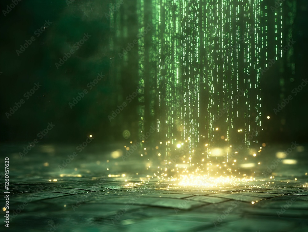 Poster a mesmerizing visual of green particles cascading downward, illuminated by a glowing light at the ba